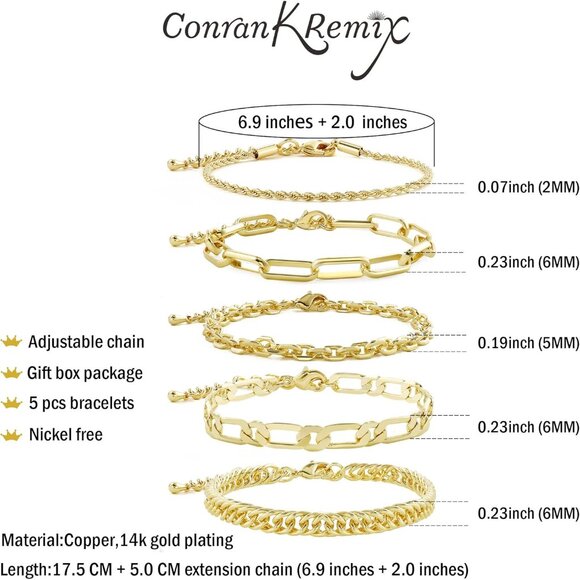 14K Gold Plated Stainless Steel Chain Bracelets for Women - Adjustable Layered H - Picture 2 of 5